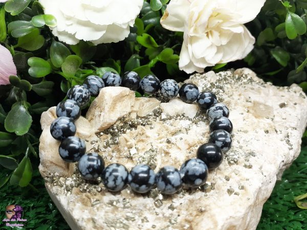 Pulseira de Pedra Natural de Obsidiana Floco de Neve Unissex (8mm)