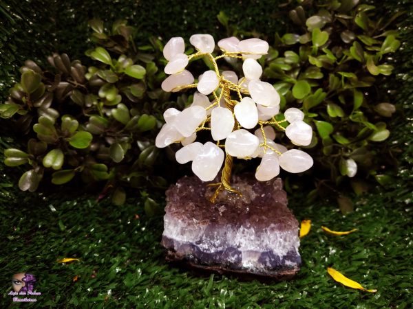 Árvore de Quartzo Rosa em Pedra Rolada (Base de Ametista)